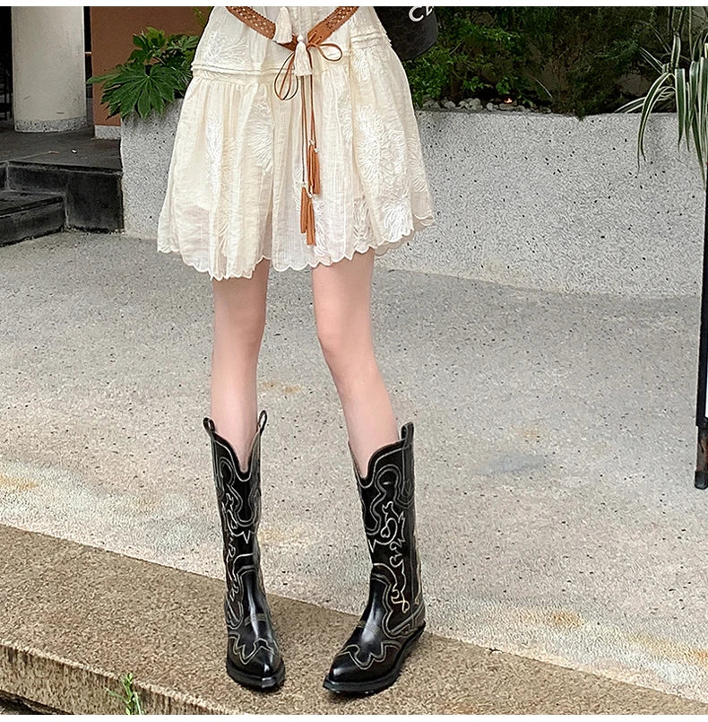 Bottes de cowboy Western Ods pour femmes en cuir véritable brodé, bout pointu, mi-mollet, style rétro, décontractées, de haute qualité