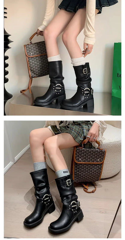 Bottes d'hiver de cowboy pour femmes, bottines décontractées à enfiler, fond épais, style moderne