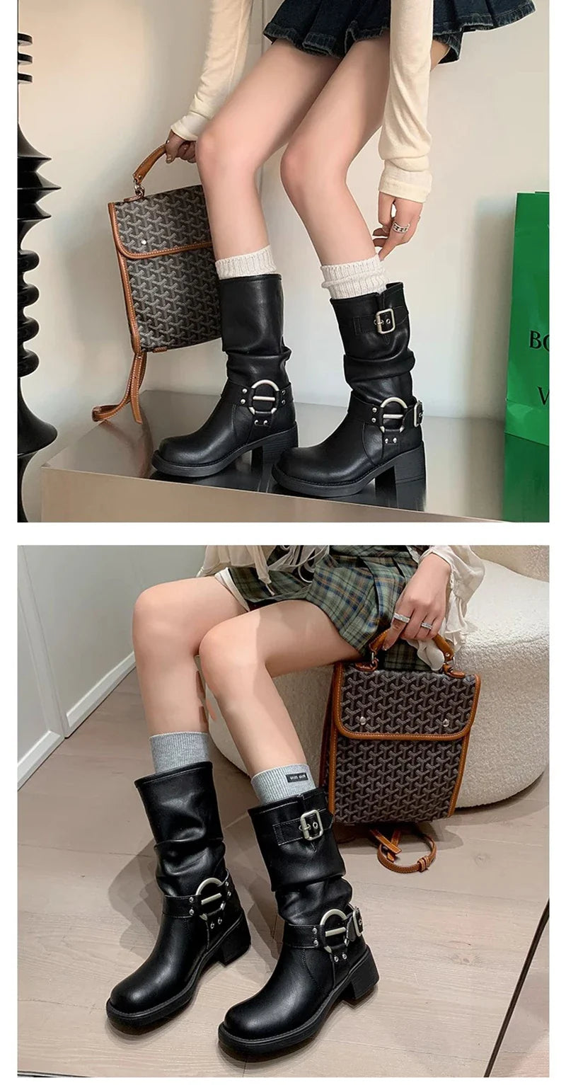 Bottes d'hiver de cowboy pour femmes, bottines décontractées à enfiler, fond épais, style moderne