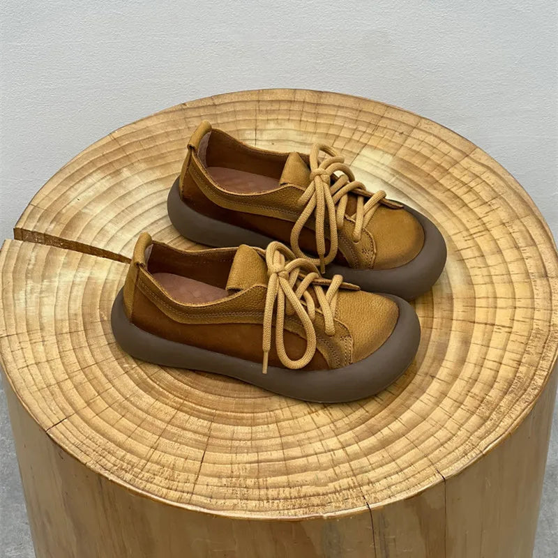 Chaussures en cuir de vache pour femmes, style rétro, pour loisirs en plein air, marche, chaussures plates à lacets, chaussures de travail sur le terrain des agriculteurs
