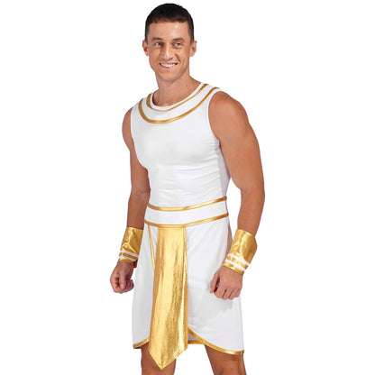 Mens Ancient Egypt Costume Adults Halloween Masquerade Cosplay Carnival Party Dress Sleeveless Themed Roleplay Dress with Cuffs