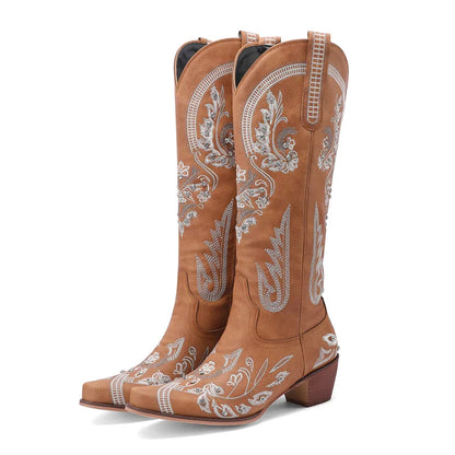 Bottes de cowboy occidentales au genou pour femmes, broderie de fleurs, biscuits, blanc, marron, rond, Parker, talons hauts, rétro, bottes longues de cowgirl