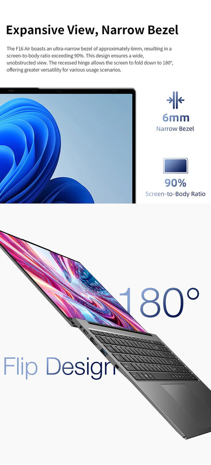 TECLAST F16 Air 16 inch laptop, Flip 180 degree, 16GB + 512GB, for Intel N95 CPU, Windows 11, mini HDMI, backlit keyboard