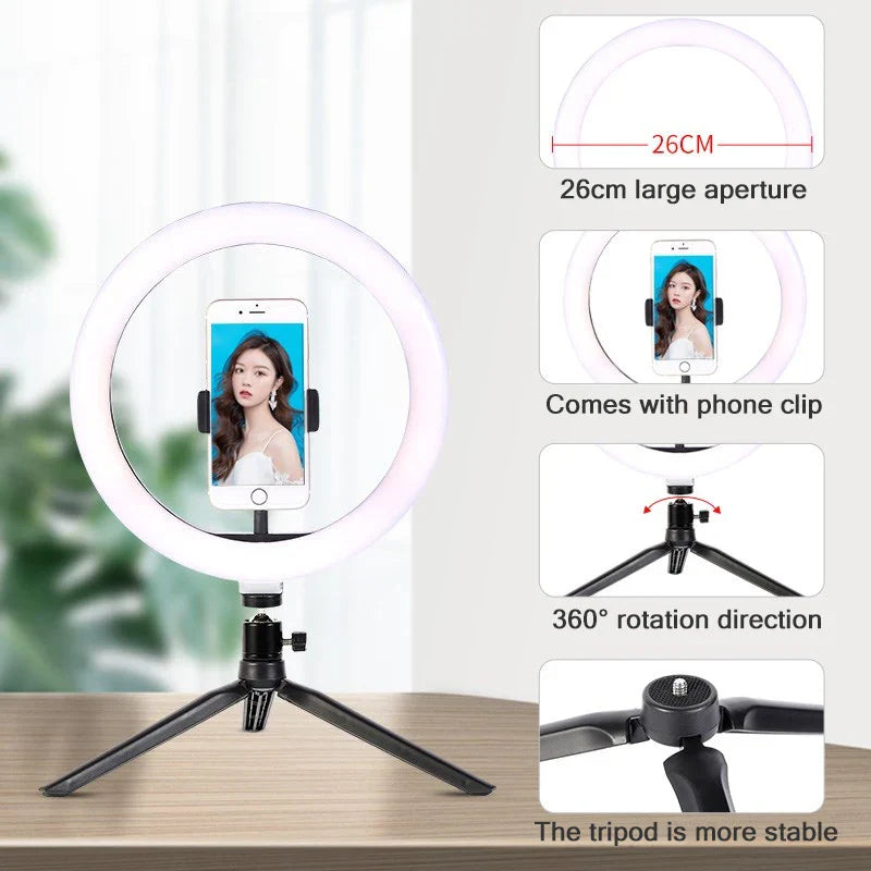 Anneau lumineux Led pour Selfie, 26cm, 10 pouces, Kit d'éclairage pour photographie, lampe de Charge Usb avec trépied pour vidéo en direct, 120 perles