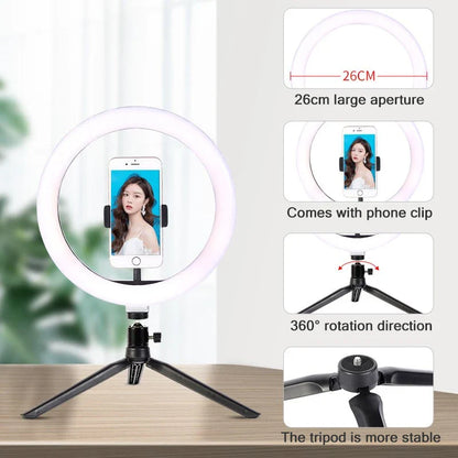 26cm (10") LED Selfie Ring Light, Photography Lighting Kit, USB Charging Lamp with Tripod for Live Video, 120 Beads