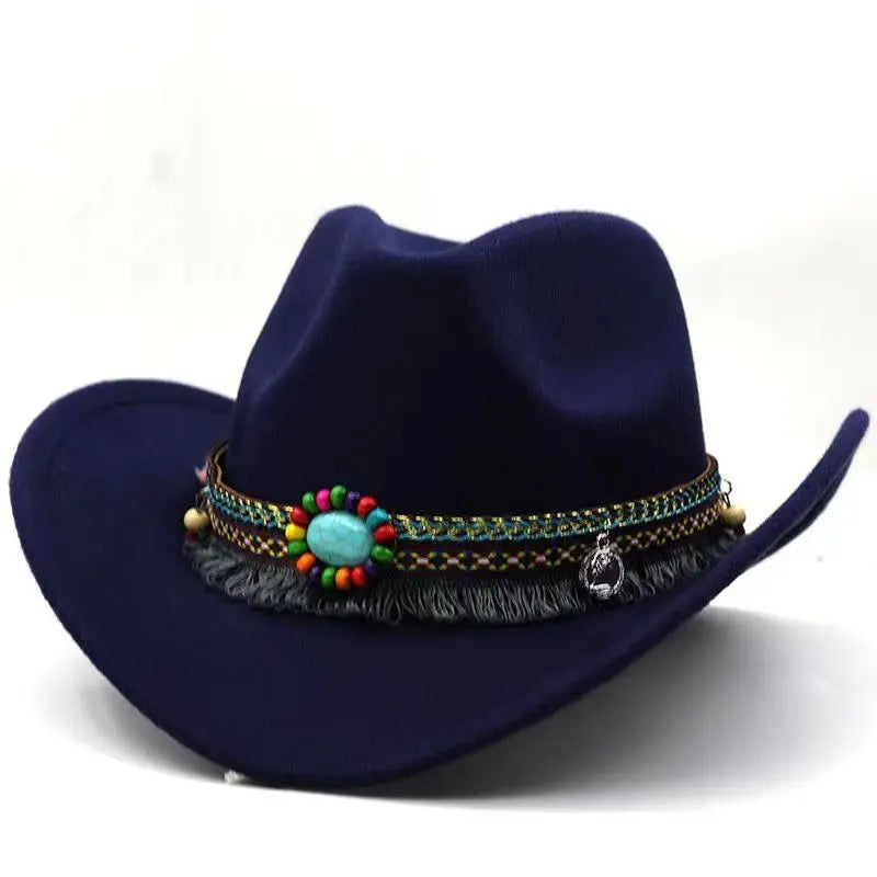 Western Cowboy Wool Hat with Pompom, Montana Sombrero Belt for Men and Women, Cowgirl, Solid Color, Jazz, Stylish Hollow Design for Lady