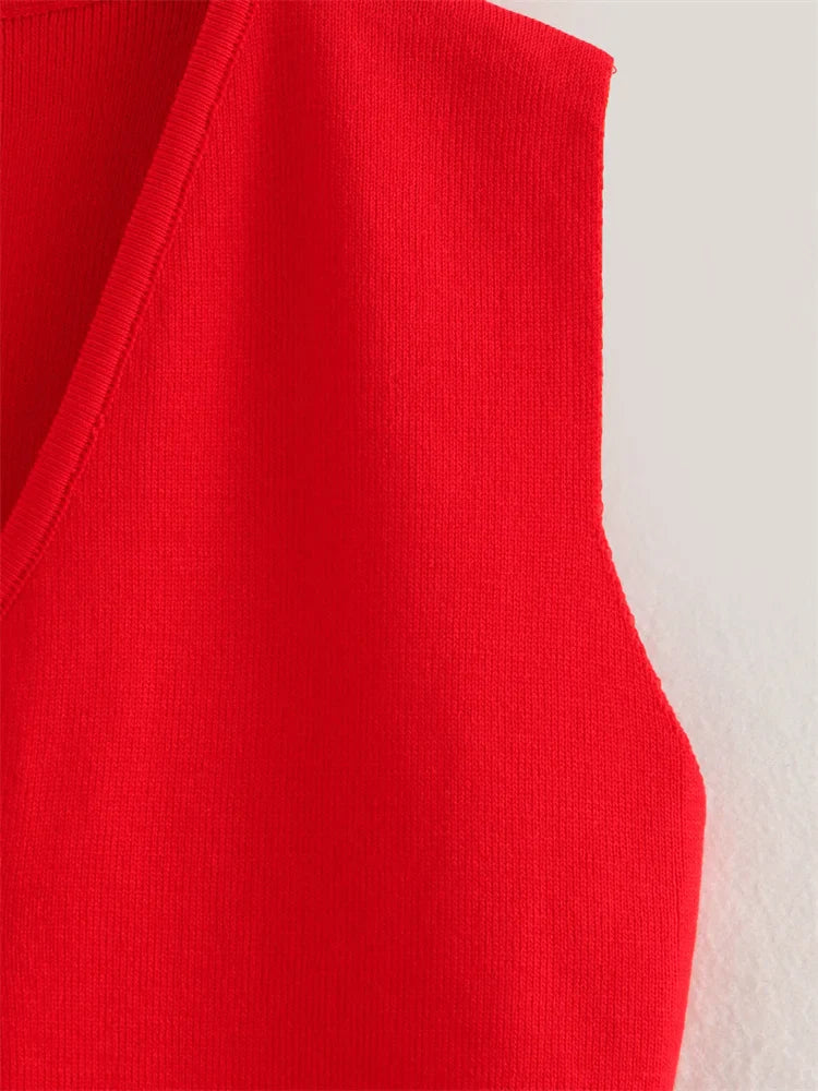 Zevity New Women Fashion V Neck Sleeveless Golden Buttons Knitted Vest Sweater Female Chic Solid Color Slim Cardigan Tops LS6273