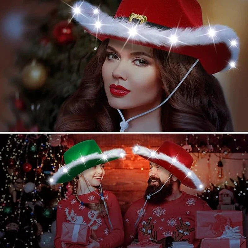 Chapeau de cowboy lumineux de Noël pour fête du Père Noël, chapeaux en feutre rouge occidental, chapeau de cowgirl à large bord, chapeau de jazz pour femmes et hommes