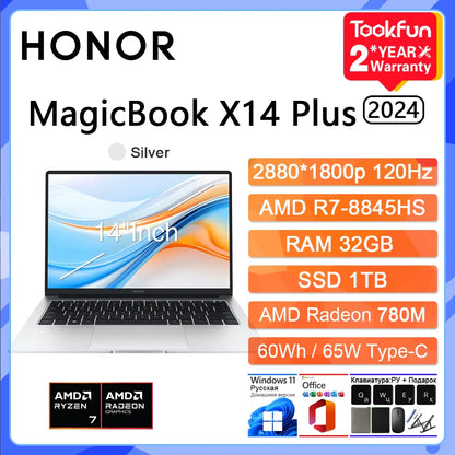 HONOR MagicBook X14 Plus 2024 Laptop AMD Ryzen R7 8845HS 16 32GB 1TB 14" Inch 2.8K 120Hz Notebook Ultrabook Computer PC FMI-721