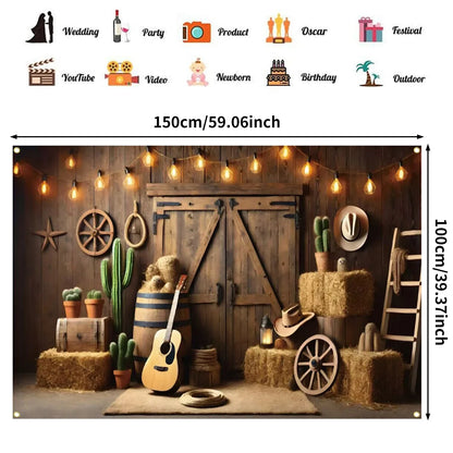 Western Party Backdrop Western Cowboy Party Decoration West Decor Wooden House Barn Photo Background for Birthday Wedding Supply
