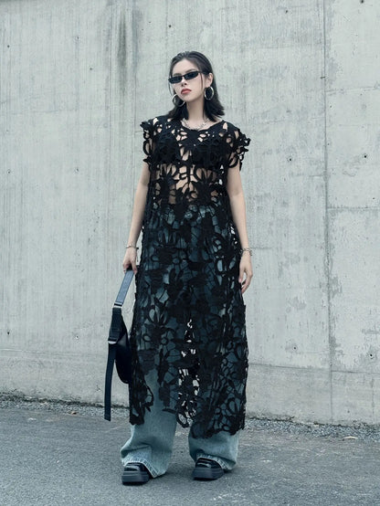 [EWQ] Chic belle Robe européenne à la mode femmes vêtements crochet à motifs découpe Robe sans manches Robe noire 2025 été nouveau