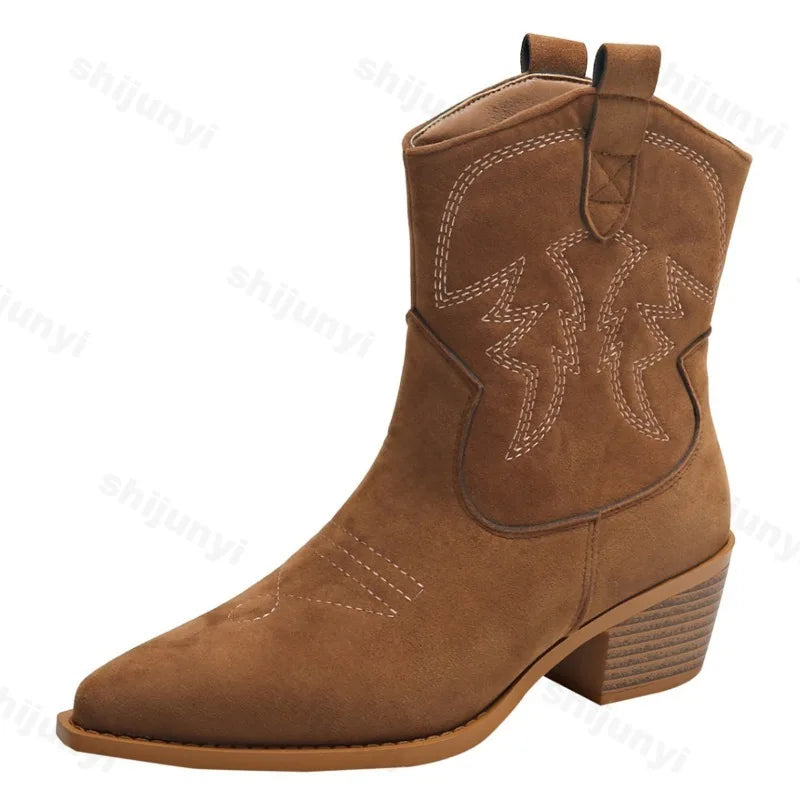 Women Boots 2025 New Cowboy Retro Leather Ankle Boots Comfortable Embroidered Spring Autumn Sexy High Short Boots Botas Mujer