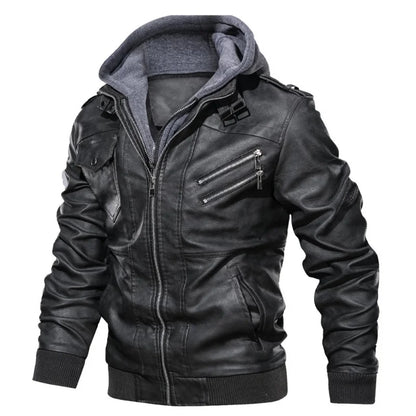 Male PU Hooded Collar Zipper Autumn Casual Slim Windbreaker Chaquetas Motorcycle Leather Jacket Men Winter Fleece Tactics Coat