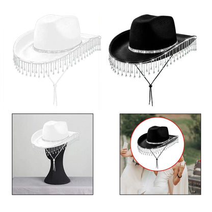 Chapeau de cowboy à large bord avec franges en strass pour femme, accessoire de fête, de cosplay, pour les fêtes, les spectacles en plein air