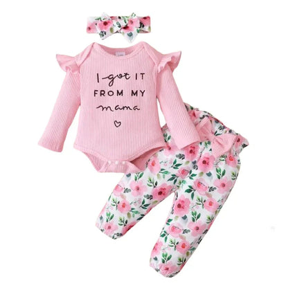 Ensemble de vêtements rose pour bébé fille 0-18 mois, tenue printemps et automne, body manches longues + pantalon floral + bandeau, 3 pièces, tenues de mode pour tout-petits