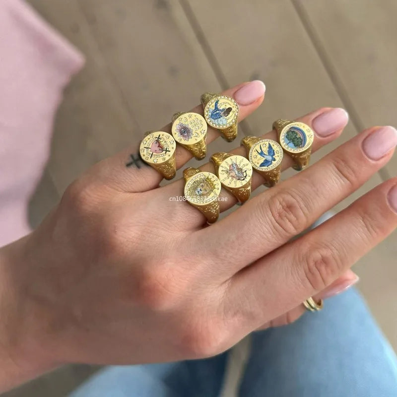 Fashionable and popular stainless steel painted ring, for Valentine's Day, Lion, Mermaid, Love, gold plated, women's jewelry, тильц®