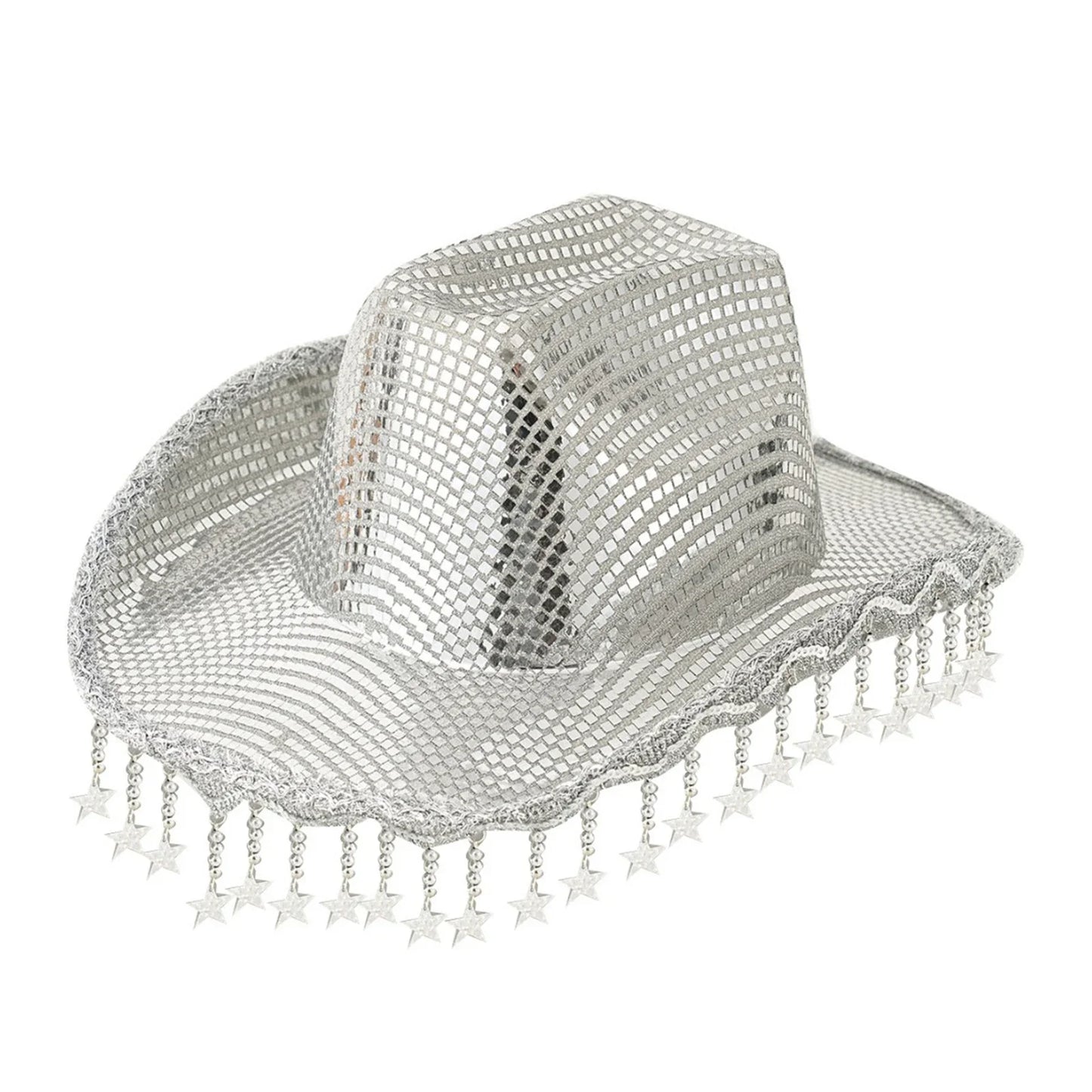 Creative Sequin Cowboy Hat for Women, Shiny Cowgirl Hat, Wide Brim Hat, Western Glitter Star, Tassel, Theme Party Cap, 2025