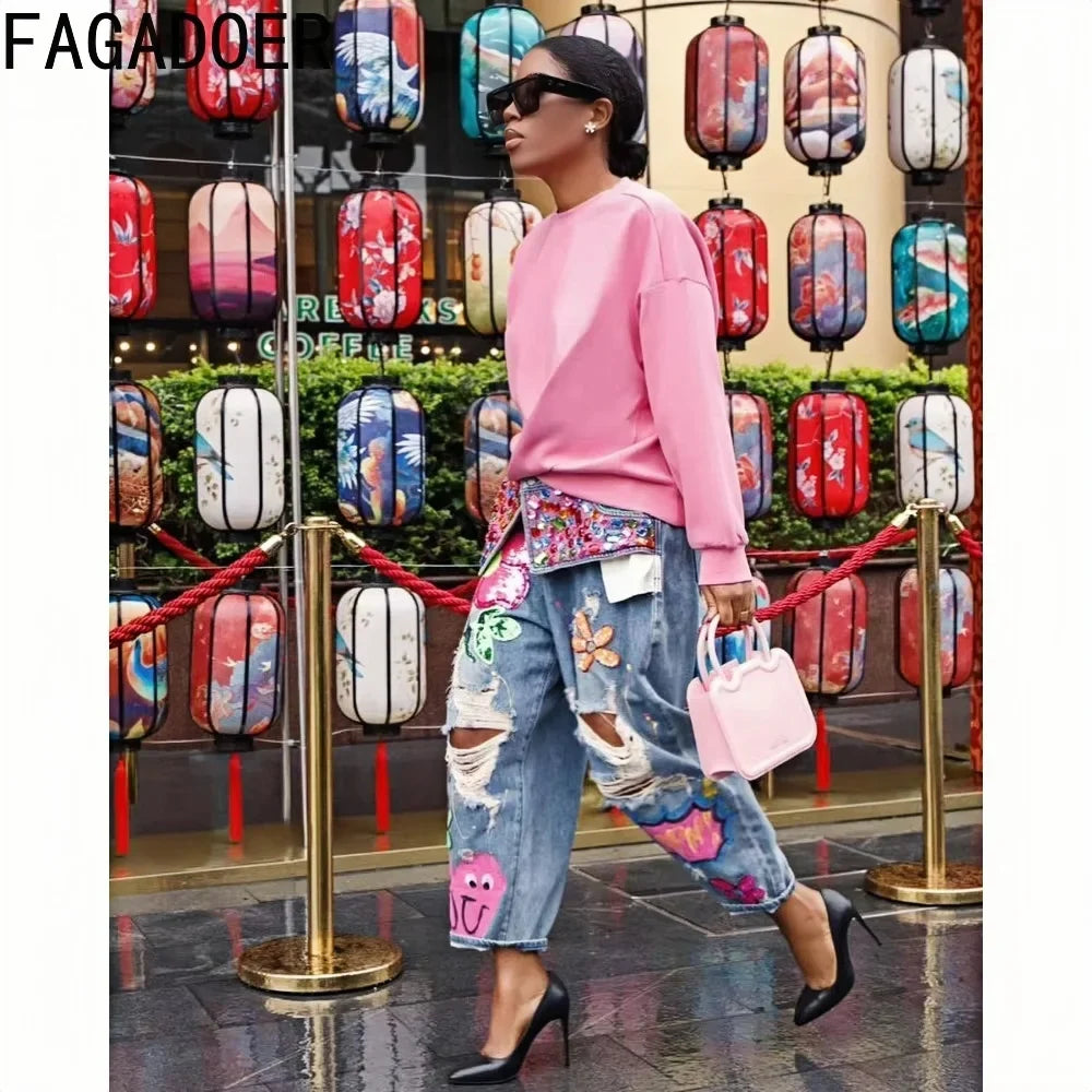 FAGADOER Jean ample à imprimé et couture diamant avec trous pour femme, taille haute, bouton, poche, en denim, pantalon décontracté, streetwear féminin