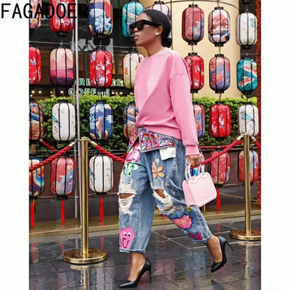 FAGADOER Jean ample à imprimé et couture diamant avec trous pour femme, taille haute, bouton, poche, en denim, pantalon décontracté, streetwear féminin