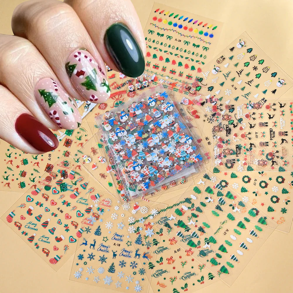 30Pcs Christmas Santa Claus 3D Nail Art Stickers Glitter Cartoon Snowflakes/Snowman/Pine Winter Sliders Xmas DIY Manicure Decals