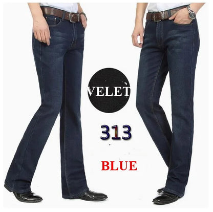Men's Flared Jeans For Winter Thick Mid High Waist Slim Bell-bottoms Pants Elastic Fared Denim Trousers Size 26-40