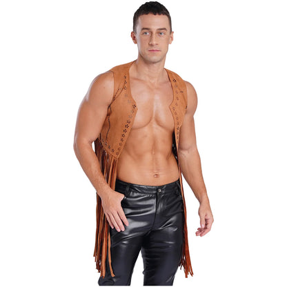 Gilet de costume de cosplay cow-boy occidental pour hommes, gilet hippie disco années 60, en faux daim, avec pompons, cardigan pour fête costumée d'Halloween ou de carnaval