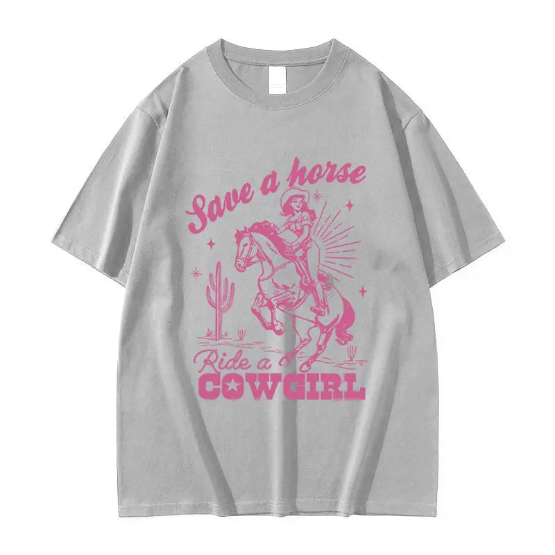 T-shirt décontracté unisexe en coton imprimé "Save A Horse Ride A Cowgirl", style rétro esthétique, Streetwear mode