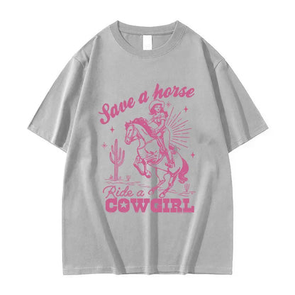 T-shirt décontracté unisexe en coton imprimé "Save A Horse Ride A Cowgirl", style rétro esthétique, Streetwear mode
