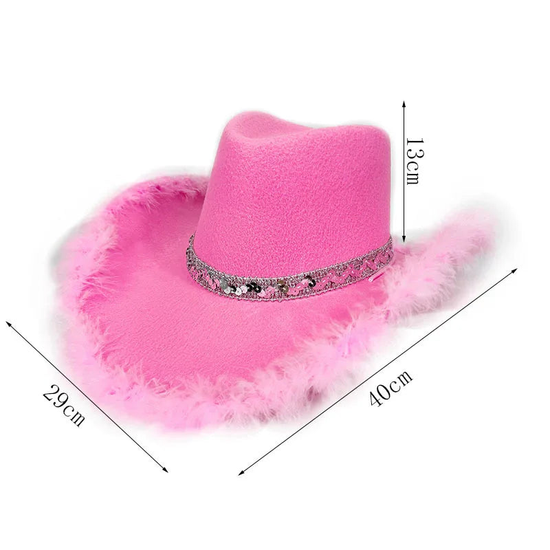 Pink Fur Brim Crown Cowboy Hat For Women'S Wide Brim Cowgirl Hat Bachelorette Party Carnival Western Headwear Cosplays Prop Caps