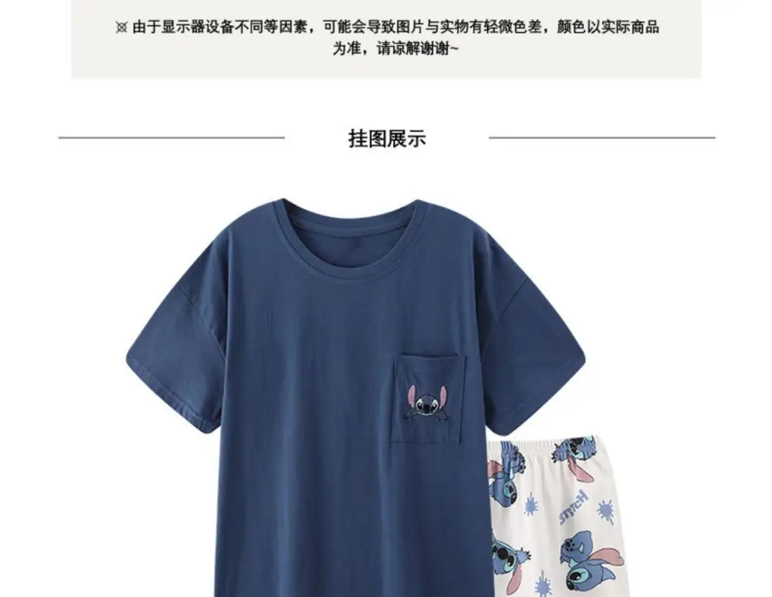 Stitch anime summer pure cotton men and women couple pajamas creative cute short-sleeved shorts home service suit holiday gift