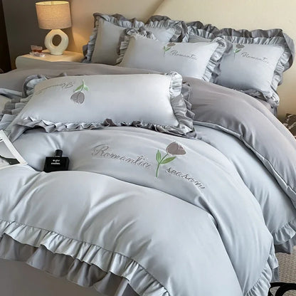 Elegance French Style Bedding Set Duvet Cover Set High Quality  2024 New Lace Princess Embroidery Double Layer Edge King Queen