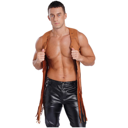 Gilet de costume de cosplay cow-boy occidental pour hommes, gilet hippie disco années 60, en faux daim, avec pompons, cardigan pour fête costumée d'Halloween ou de carnaval