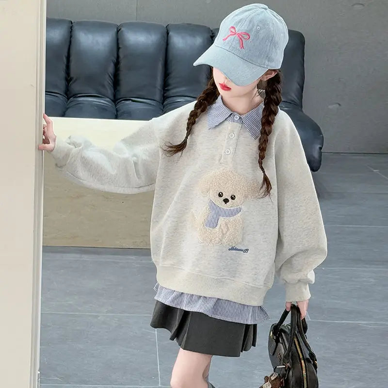 Sweat-shirt à capuche pour filles, Polo deux pièces en Faux, moyen-grand, coupe ample, haut de chiot de dessin animé, nouvelle collection printemps/automne 2025