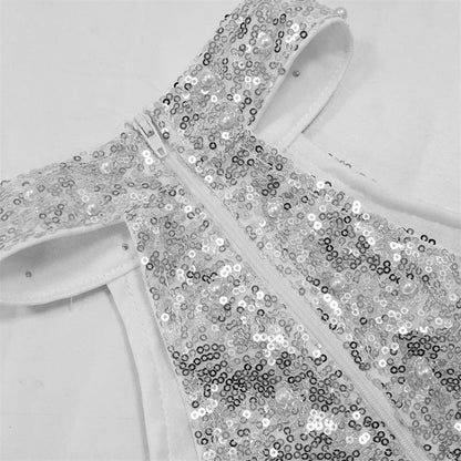 Sexy Glitter Sequins Birthday Dress Women Nightclub Party Halter Backless Feathers Sleeveless Prom Cocktail Short Dresses Robe