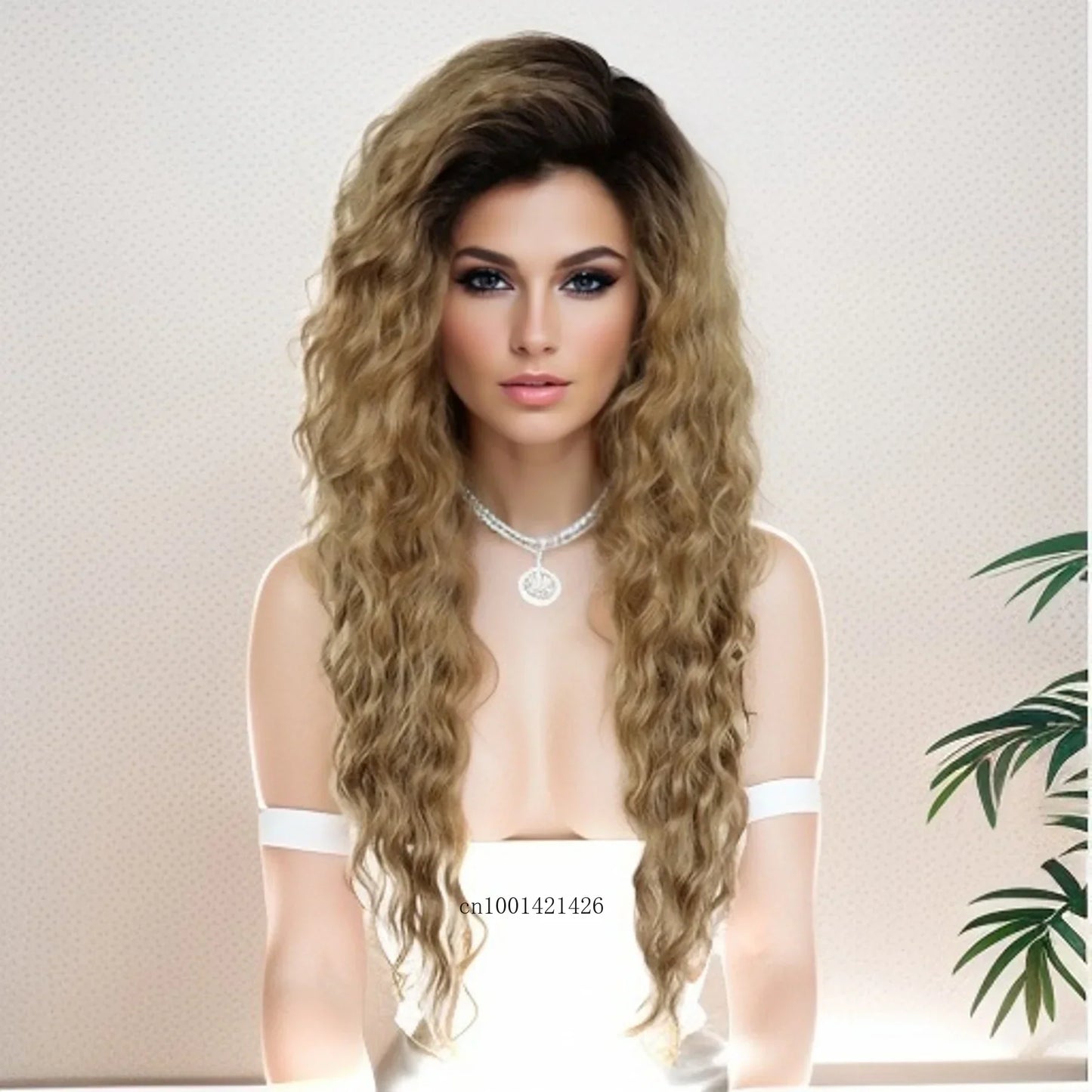 Perruque blonde bouclée cheveux synthétiques longs naturels perruques ondulées pour femmes blanches, raie libre, racines foncées, perruques ombrées, perruque ondulée tendance + autocollants