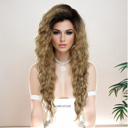 Perruque blonde bouclée cheveux synthétiques longs naturels perruques ondulées pour femmes blanches, raie libre, racines foncées, perruques ombrées, perruque ondulée tendance + autocollants