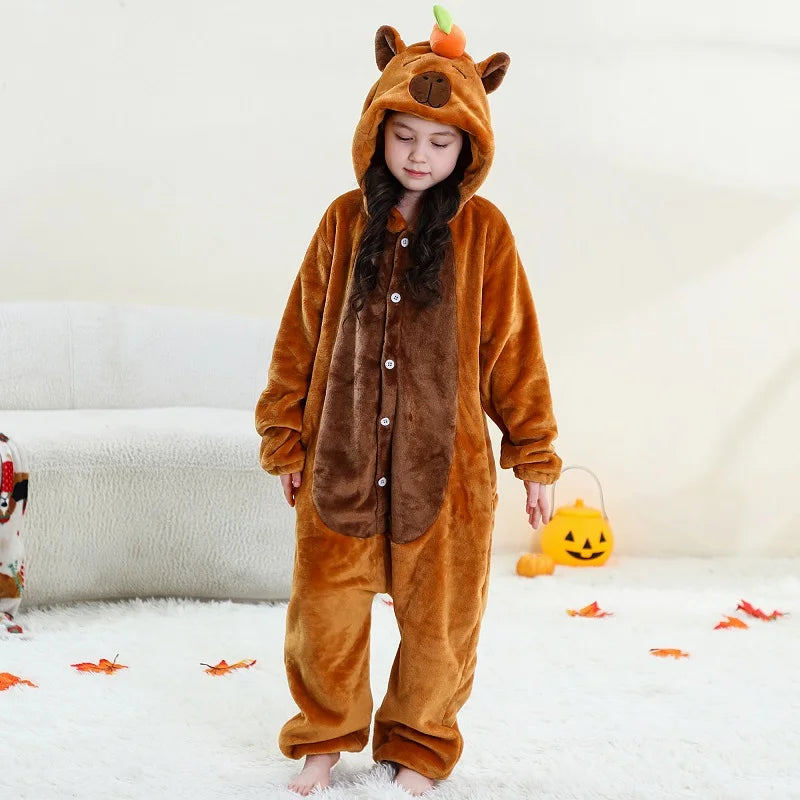 MICHLEY – Combinaison à capuche en flanelle motif Capybara pour enfant, pyjama, grenouillère, déguisement pour Halloween, pour garçon et fille