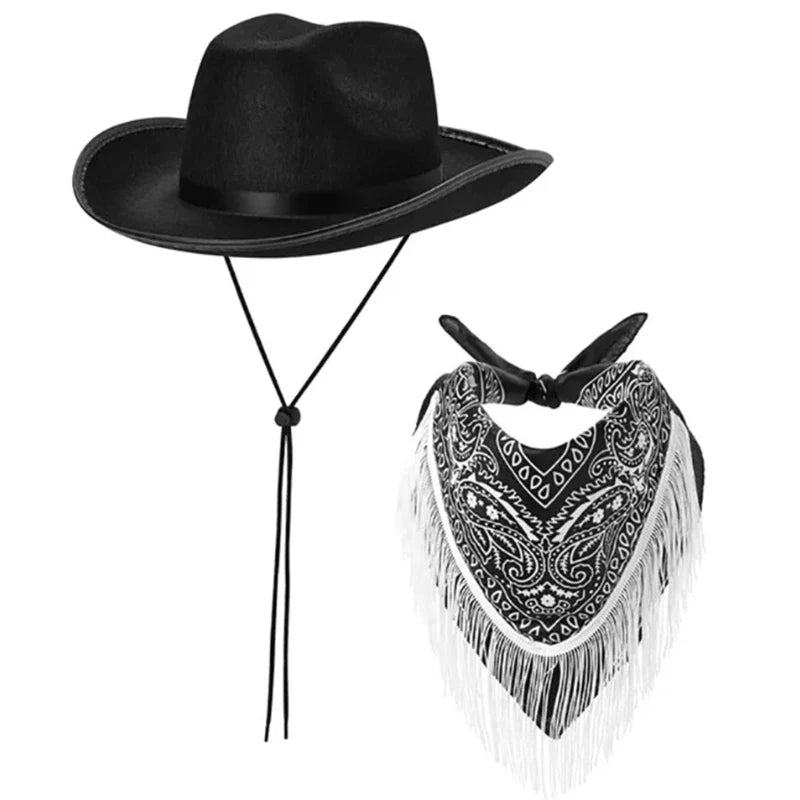 Fringed Cowgirl Costume Set for Bachelorettes Party Cowboy Hat Print Bandanas Women Bridal Shower Costumes NightClub Suit