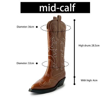 Bottes de cowboy Western Ods pour femmes en cuir véritable brodé, bout pointu, mi-mollet, style rétro, décontractées, de haute qualité