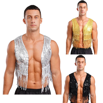 Mens Cowboy Western Costume Shiny Vintage 70s Disco Costumes Fringe Sequin Waistcoat Sleeveless Open Front Cropped Vest Cardigan