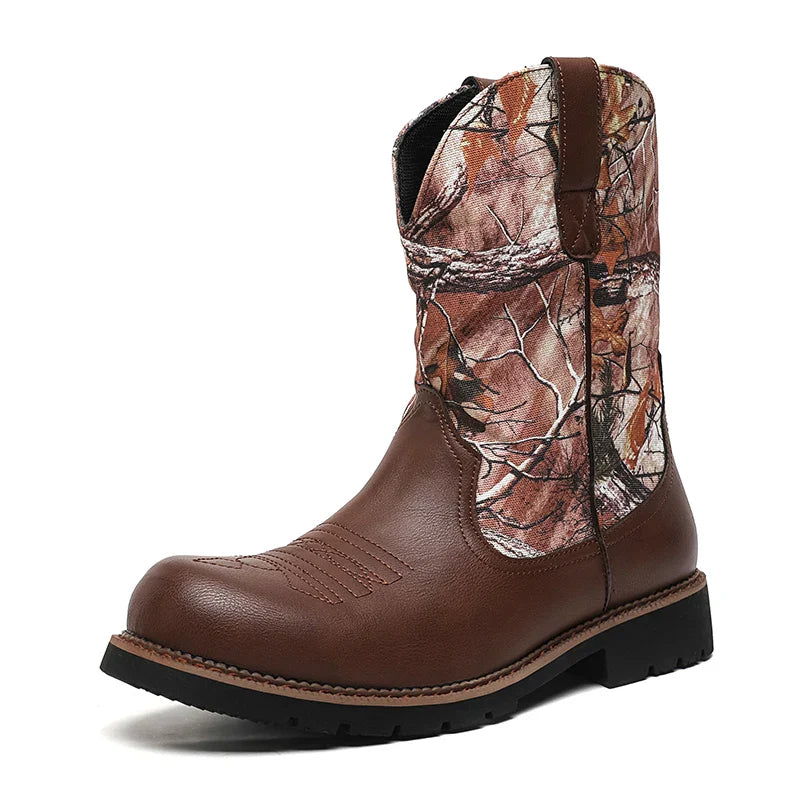 Men Boot 2024 Mid Calf Western Cowboy Motorcycle Boots Male Autumn Outdoor PU Leather Totem Med Heel Fashion Designed Men Boots