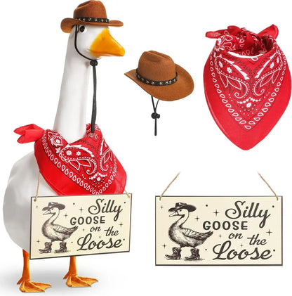 The Loose Hangings Sign Cowboy Goose Outfit with Cowboy Hat and Red Bandana for 23" Cement/Plastic Goose Outdoor Statue Patio