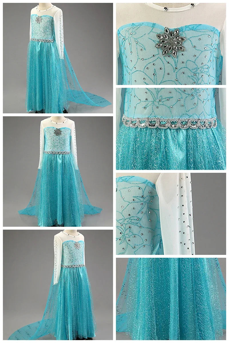 Elsa Dresses for Girls Princess Party Elsa Costume Snow Queen 2 Cosplay Elza Vestidos Hair Accessory Set Halloween Girls Clothes
