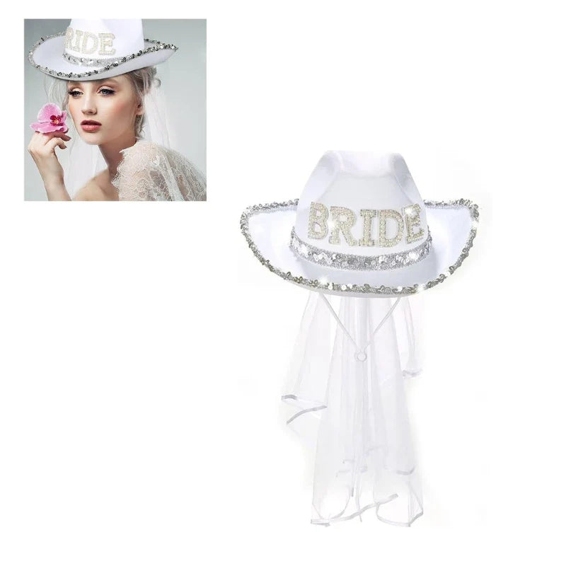 Funny Cowboy Cowgirl Bride Hat with Mesh Veil Rhinestones Bride Letter Wide Brim Hat Bachelorette Wedding Party Props