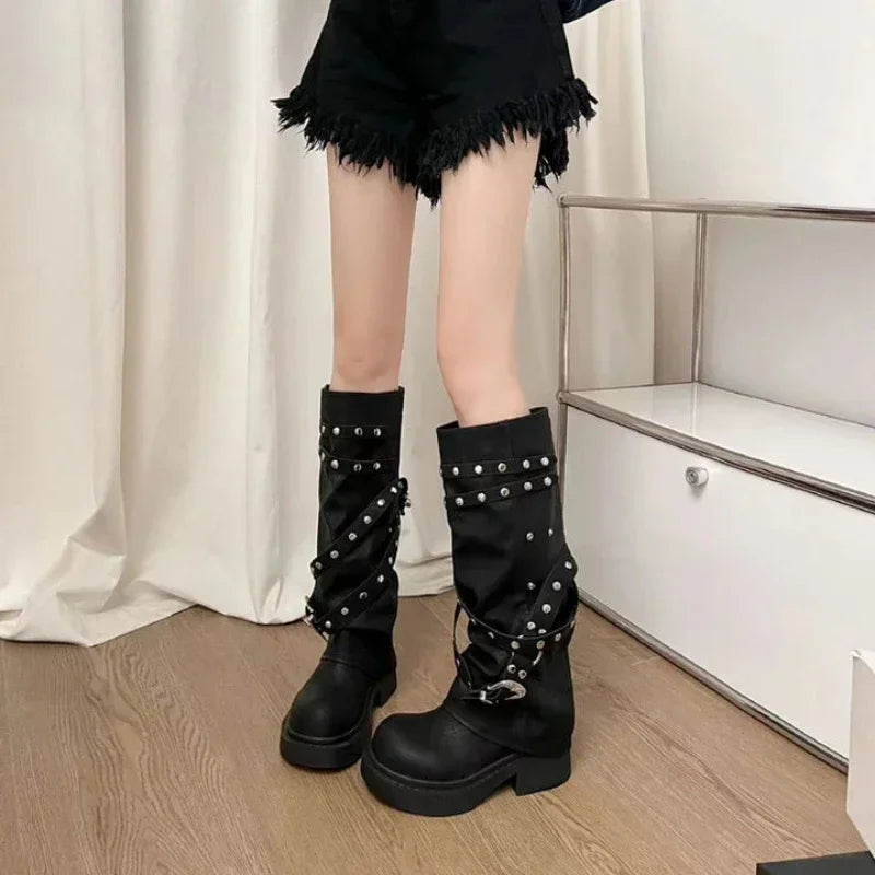 Bottes de cowgirl occidentales pour femmes, bottes hautes au genou, bottes longues en cuir PU, bottes de pantalon cloutées noires, style punk, mode automne