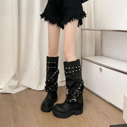 Bottes de cowgirl occidentales pour femmes, bottes hautes au genou, bottes longues en cuir PU, bottes de pantalon cloutées noires, style punk, mode automne