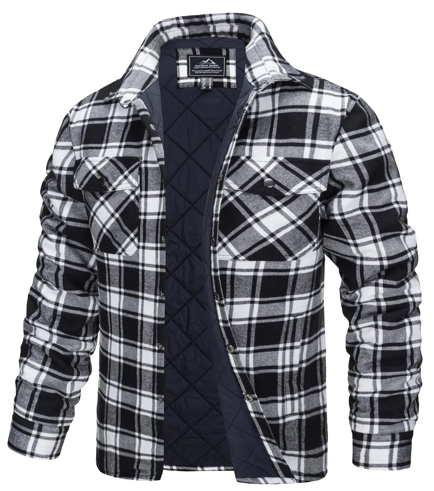 TACVASEN Winter Plaid Cotton Jackets Mens Long Sleeve Quilted Lined Flannel Shirt Jacket Multi-Pockets Outwear Hiking Coats Tops