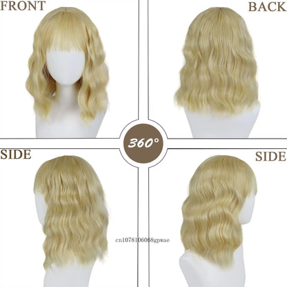 Synthetic Hair Blonde Short Curly Bob Wigs with Bangs Yellow Lolita Cosplay Wig for Women Daily Party Cosplay Heat Resistant