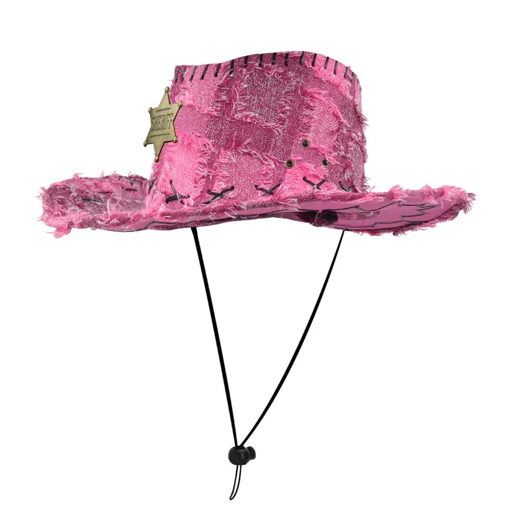 Chapeaux de Cowboy occidentaux rétro SHERIFF, sangle de menton réglable, Protection solaire, voyage, Vintage, plein air, tendance, Streetwear
