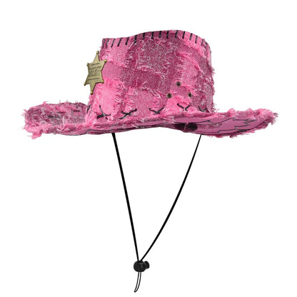 Chapeaux de Cowboy occidentaux rétro SHERIFF, sangle de menton réglable, Protection solaire, voyage, Vintage, plein air, tendance, Streetwear
